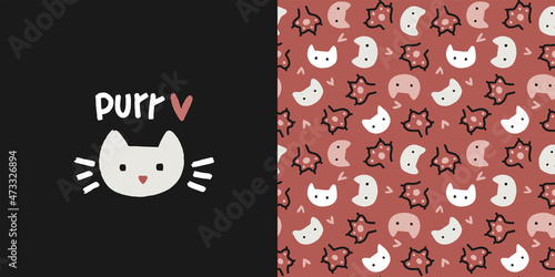Kitten face, purr cat sound sign and non-directional seamless pattern. Vector graphic set in black and terracotta colors for home fashion fabric print.