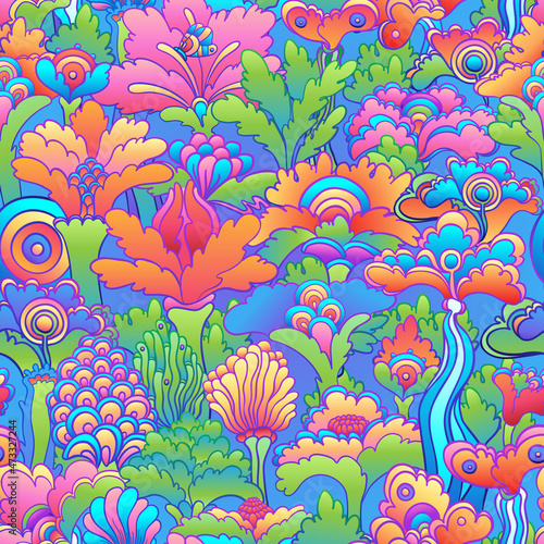 Floral colorful seamless pattern, retro 60s, 70s hippie style background. Vintage psychedelic textile, fabric, wrapping, wallpaper. Vector repeating illustration.