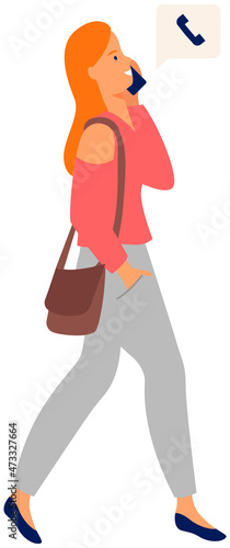 Young woman talking on cellphone on walk. Cute woman with gadget communicating with friend holding telephone. Flat cartoon female character using smartphone isolated on white speaking by mobile phone