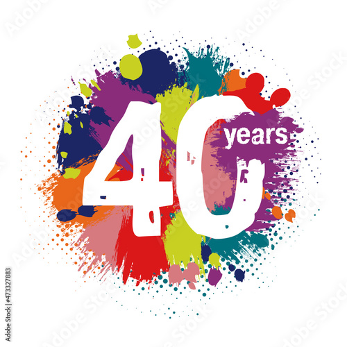 40th anniversary numbers. 40 years old. Up to 40% off logotype concept. Isolated abstract graphic design template. Creative bright drop, 4 and 0 digits. Brushing splash, chalk stroke and ink spots bg.