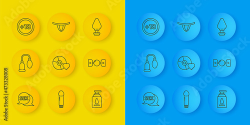 Set line Speech bubble with Sex, Penis pump, Adult label on compact disc, Personal lubricant, Silicone ball gag belt, Plus 18 movie, Anal plug and Woman panties icon. Vector