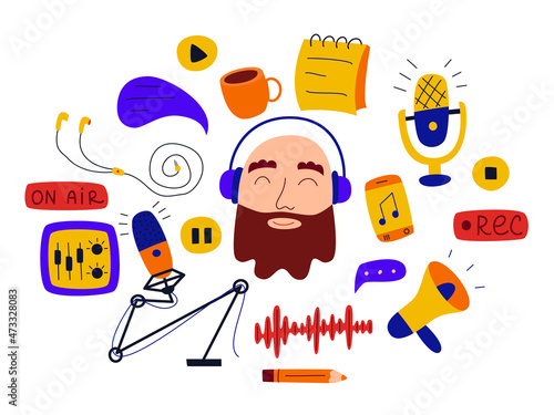 A set of different podcasting stuff. Podcast, streaming, online show, radio broadcasting concepts. Great for poster, banner and advertising. Vector flat illustration