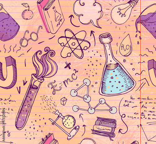 Back to School: science lab objects doodle vintage style sketches seamless pattern, vector illustration. Doodle lab equipment. Note book page paper.Biology geology alchemy chemistry. Tattoo elements.
