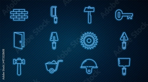 Set line Putty knife, Trowel, Hammer, Closed door, Bricks, Circular saw blade and Hacksaw icon. Vector