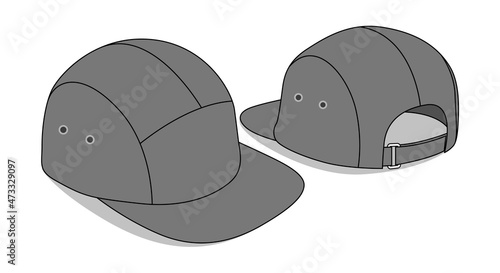 Gray 5 Panels Cap With Flat Brim Cap Template Vector On Gray Background, Perspective View.