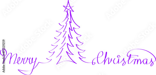 Christmas tree and Merry Christmas lettering continuous line 