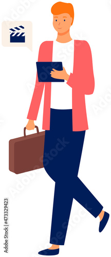 Businessman with gadget use technologies to communicate. Male character in suit holding tablet walking with briefcase. Internet and network in device. Pastime in social networks. Internet addiction