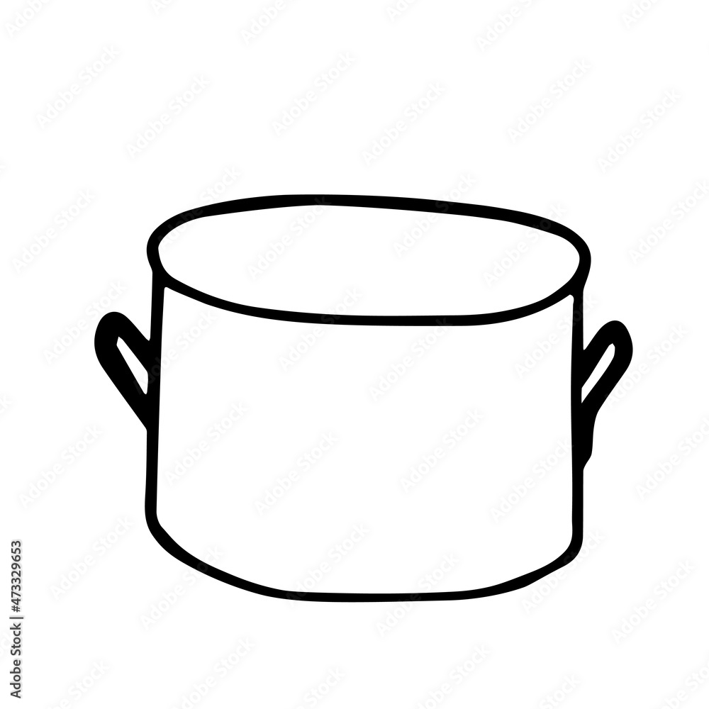 Black hand drawing outline illustration of empty saucepan for cooking