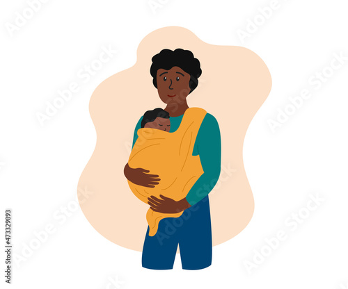 Father and little baby in sling. African american person man holding newborn in carrier. Happy dad and child wrapped in babycarrier and sleeping. Vector flat illustration