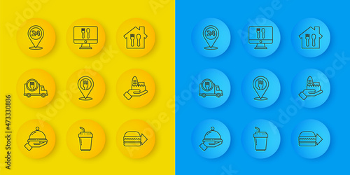 Set line Covered with a tray of food, Fast delivery by car, Cafe and restaurant location, Online ordering burger, Round the clock, and icon. Vector