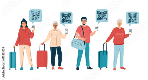 Young, adult, senior people with luggage,  QR code of the Covid-19 vaccine on the app. Allowed to travel. Men and women with a confirmed vaccination certificate.Isolated vector illustration