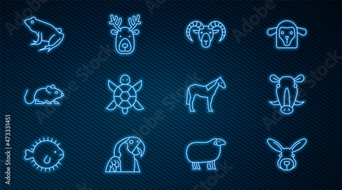 Set line Rabbit head, Wild boar, Head of goat or ram, Turtle, Rat, Frog, Horse and Deer with antlers icon. Vector