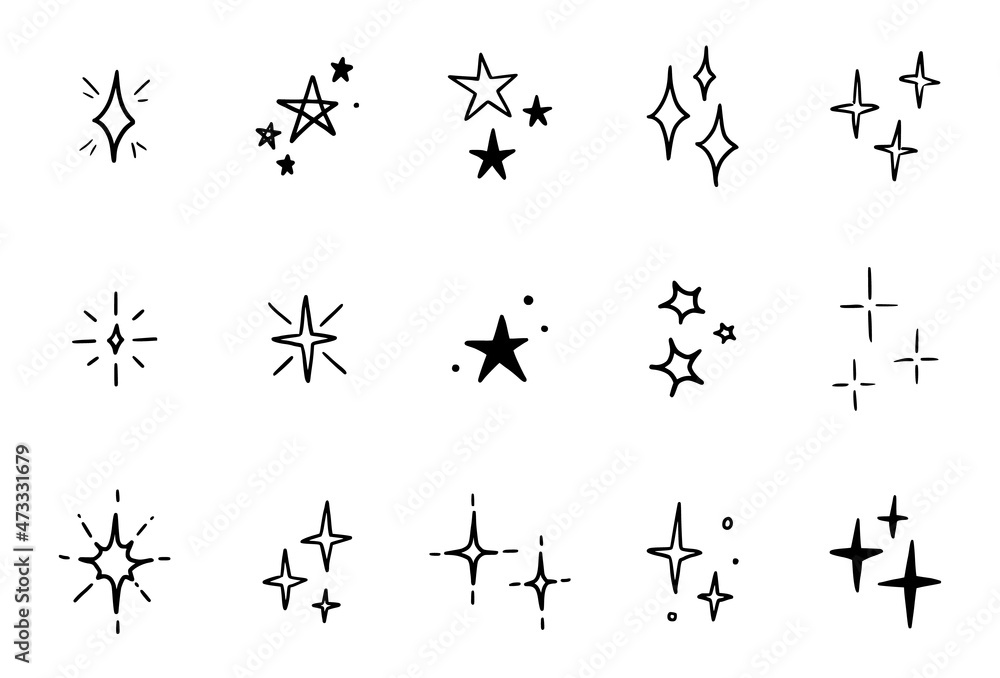 Line star glitter shine of doodle set. Star shine glow, spark glitter, sparkle light vector illustration. Hand drawn sketch doodle style. Line star glitter shine of doodle set. Star shine glow, spark glitter, sparkle light vector illustration. Hand drawn sketch doodle style.