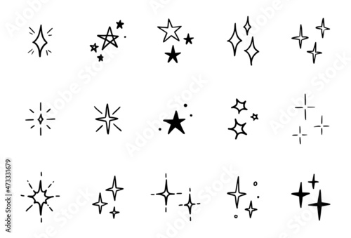 Line star glitter shine of doodle set. Star shine glow, spark glitter, sparkle light vector illustration. Hand drawn sketch doodle style.
