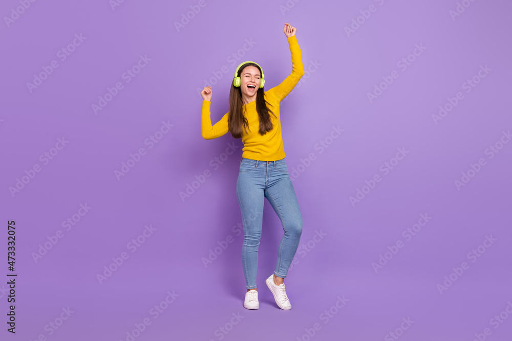 Full size photo of youth excited girl enjoy clubber free-time hang-out isolated over purple color background