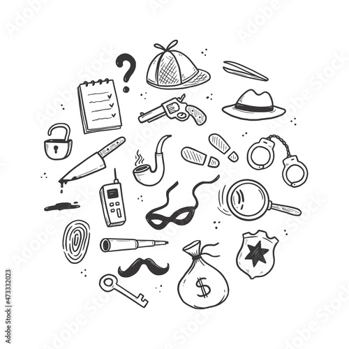 Detective doodle set. Hand drawn sketch doodle style. Footprint, fingerprint, magnifier detective investigation element. Vector illustration. photo