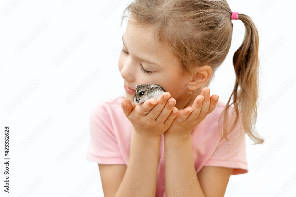 Happy little girl with a djungar hamster in her arms. The hamster touches the girl's cheek. Friendship of a child and an animal. the concept of caring and love for animals. Happy little girl with a djungar hamster in her arms. The hamster touches the girl's cheek. Friendship of a child and an animal. the concept of caring and love for animals.