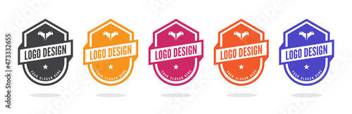 shield badge logo design template vector illustration. Set of five mountain travel emblems.