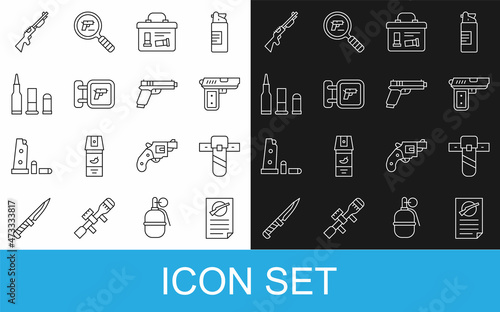 Set line Firearms license certificate, Knife holster, Pistol or gun, Military ammunition box, Hunting shop weapon, Bullet, and icon. Vector
