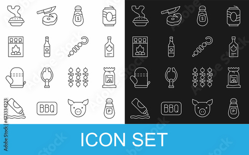 Set line Pepper, Barbecue coal bag, Tabasco sauce, Salt, Beer bottle, Matchbox and matches, Homemade pie and Grilled shish kebab icon. Vector