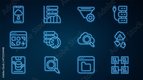 Set line Hierarchy organogram chart, Cloud hacking, Filter setting, Network cloud connection, Different files, technology data transfer, Search computing and Server, Data, Web Hosting icon. Vector