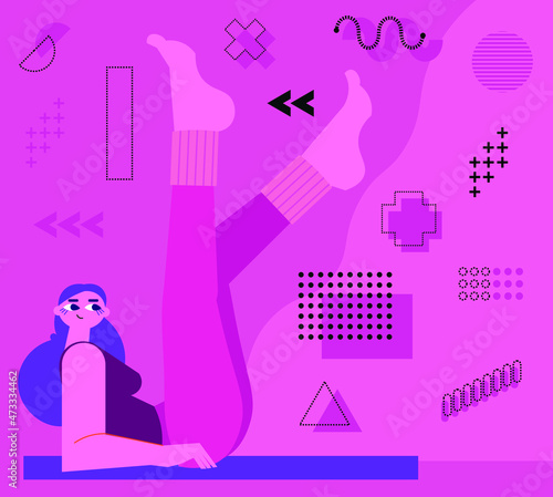 An abstract, monochromatic illustration of a woman in a supine position doing a leg raise, surrounded by various geometric shapes and patterns on a vibrant pink and purple background