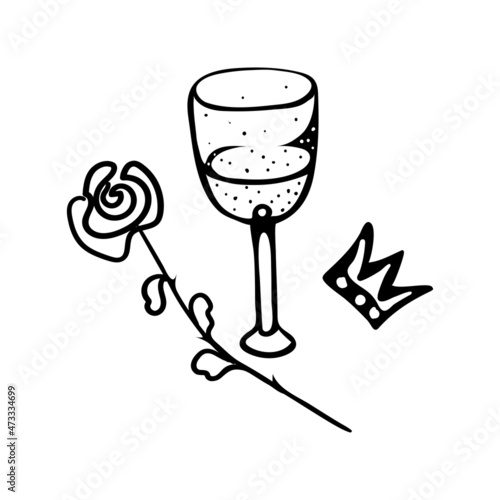 Cartoon drawing of a glass of wine with a rose flower.