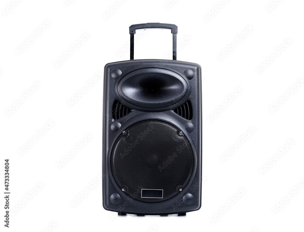 Black speaker amplifier with wheels isolated on white