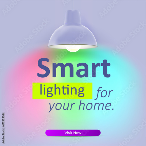 Hanging lamp with smart led bulb on multicolor background. Smart lighting concept.