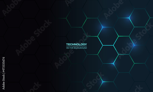 Dark hexagonal technology abstract vector background with blue and green colored bright flashes under hexagon. Hexagonal gaming vector abstract honeycomb background.