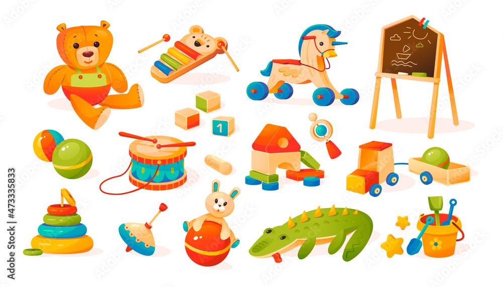 A set of children's toys. Soft and wooden toys. Teddy bear, cubes, pony, drum, ball, wooden car, chalk board, children's bucket with shovels, children's xylophone. Cartoon vector illustration isolated A set of children's toys. Soft and wooden toys. Teddy bear, cubes, pony, drum, ball, wooden car, chalk board, children's bucket with shovels, children's xylophone. Cartoon vector illustration isolated