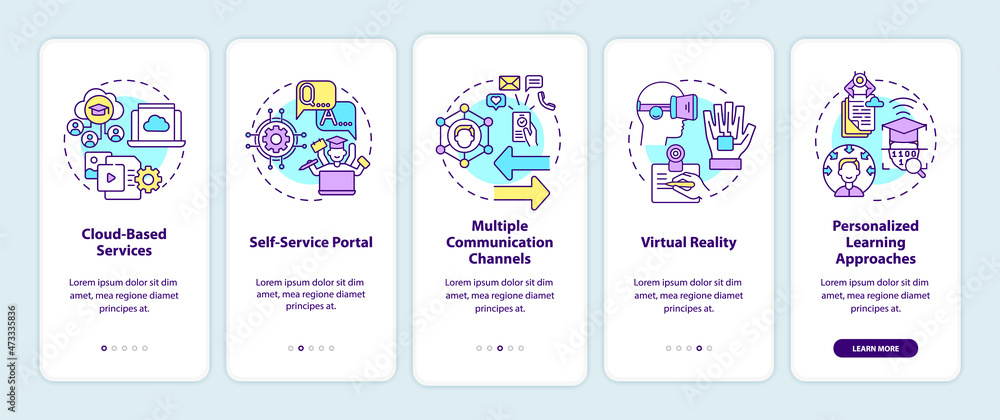 Digitalization of education onboarding mobile app page screen. Technology walkthrough 5 steps graphic instructions with concepts. UI, UX, GUI vector template with linear color illustrations