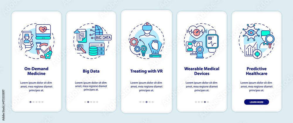 Digitalization of healthcare onboarding mobile app page screen. Medicine walkthrough 5 steps graphic instructions with concepts. UI, UX, GUI vector template with linear color illustrations