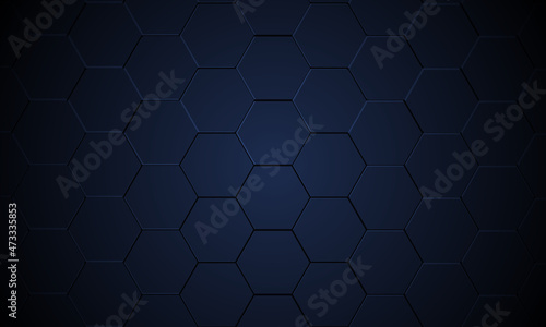 Dark blue hexagonal metallic abstract vector background. Dark three-dimensional texture with hexagon grid in futuristic modern vector illustration. Blue honeycomb 3d texture grid.