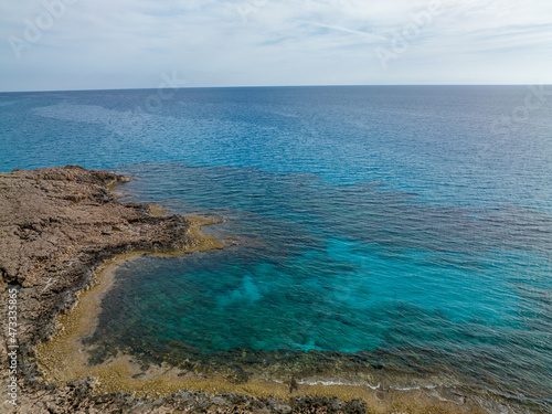 Nissi Beach in Ayia Napa  clean aerial photo of famous tourist beach in Cyprus  the place is a known destination on island and is formed from a smaller island just near the main shore