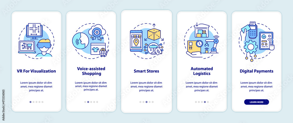 Digitalization of retail market onboarding mobile app page screen. Shopping walkthrough 5 steps graphic instructions with concepts. UI, UX, GUI vector template with linear color illustrations