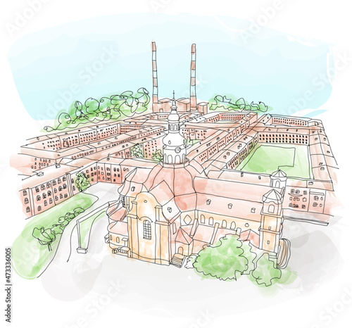 Katowice, Nikiszowiec, Poland. Traditional, old buildings of the mining district of Silesia. watercolor sketch, vector illustration