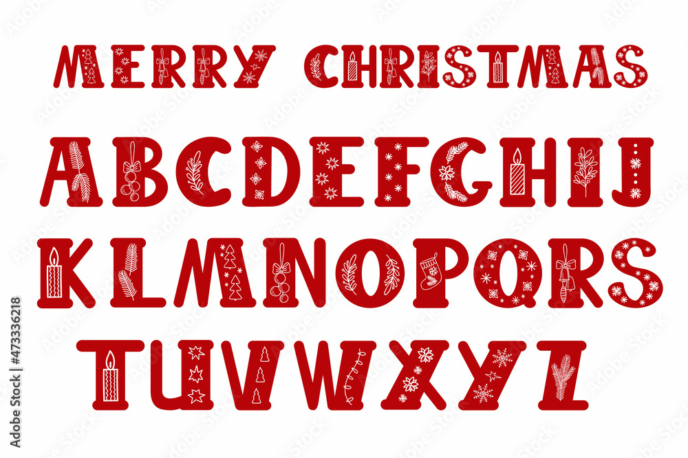 Capital red decorated hand drawn letters of English alphabet Christmas doodle style vector illustration, calligraphic abc, cute funny handwriting, cartoon and lettering Capital red decorated hand drawn letters of English alphabet Christmas doodle style vector illustration, calligraphic abc, cute funny handwriting, cartoon and lettering