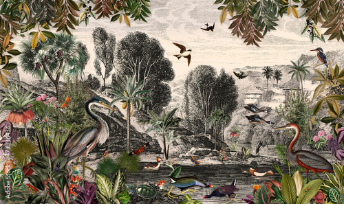 Tapeta dżungla tropikalny las palma bananowa tropikalne ptaki czaple dzikie kaczki w rzekach żaba starożytna woda w stylu vintage malarstwo