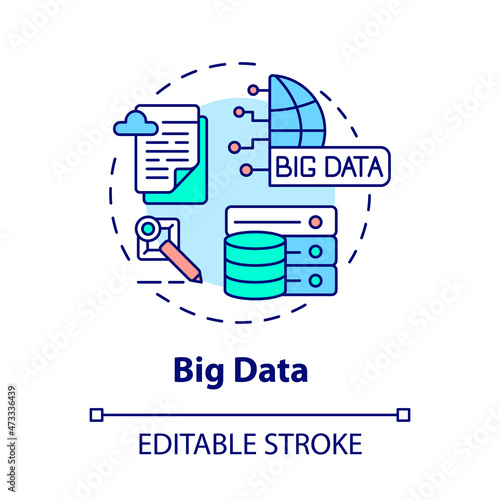 Big data concept icon. Business and industry service. Gathering and analyzing information abstract idea thin line illustration. Vector isolated outline color drawing. Editable stroke