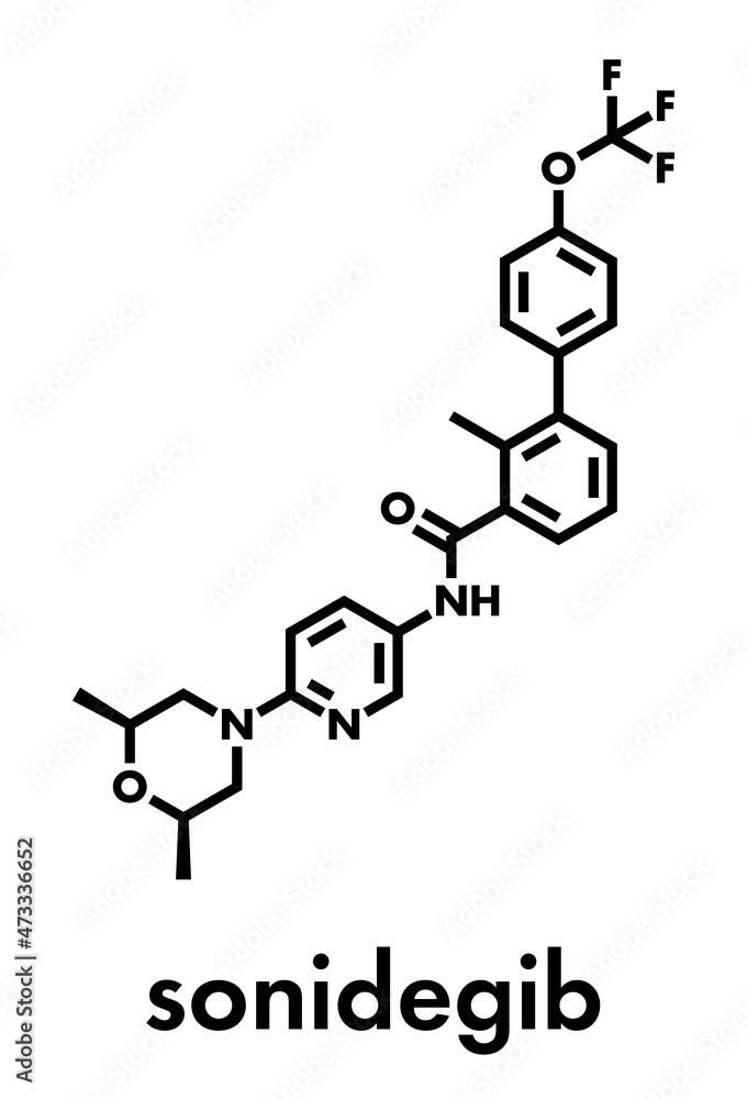 Sonidegib cancer drug molecule. Skeletal formula. Sonidegib cancer drug molecule. Skeletal formula.