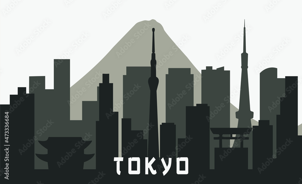 Tokyo seamless silhouette. City landscape with buildings. City landscape.
Black-white silhouette. Modern city with layers. Flat style vector illustration.