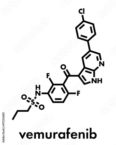 Vemurafenib melanoma drug molecule. Skeletal formula.