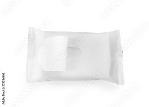 Open wet wipes flow pack isolated on white, top view