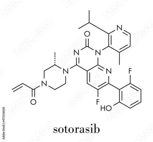 Sotorasib cancer drug molecule. Skeletal formula.