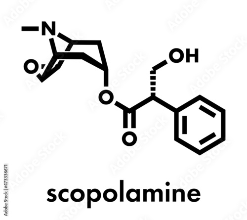 Scopolamine (hyoscine) anticholinergic drug molecule. Used in treatment of nausea, vomiting and motion sickness. Skeletal formula.