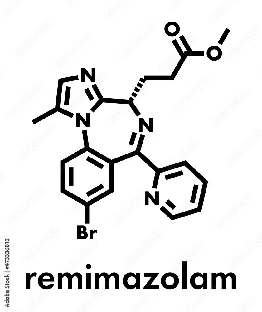Remimazolam drug molecule. Skeletal formula. Remimazolam drug molecule. Skeletal formula.