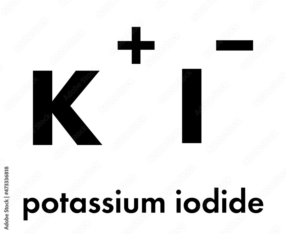 Obraz premium Potassium iodide (KI). Used to block and&nbsp;protect the thyroid gland against radioactive iodine, e.g. due to a nuclear disaster (cfr. Chernobyl). Present in Kelp Skeletal formula.