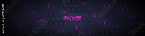 Dark gray and purple horizontal hexagonal technology abstract wide vector background. Purple bright energy flashes under hexagon. Technology futuristic modern wide banner. Dark gray honeycomb texture.