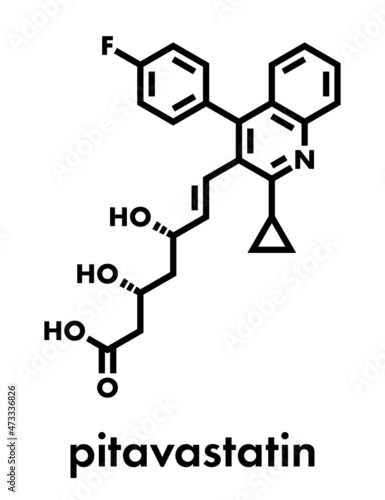 Pitavastatin hypercholesterolemia drug molecule. Skeletal formula.